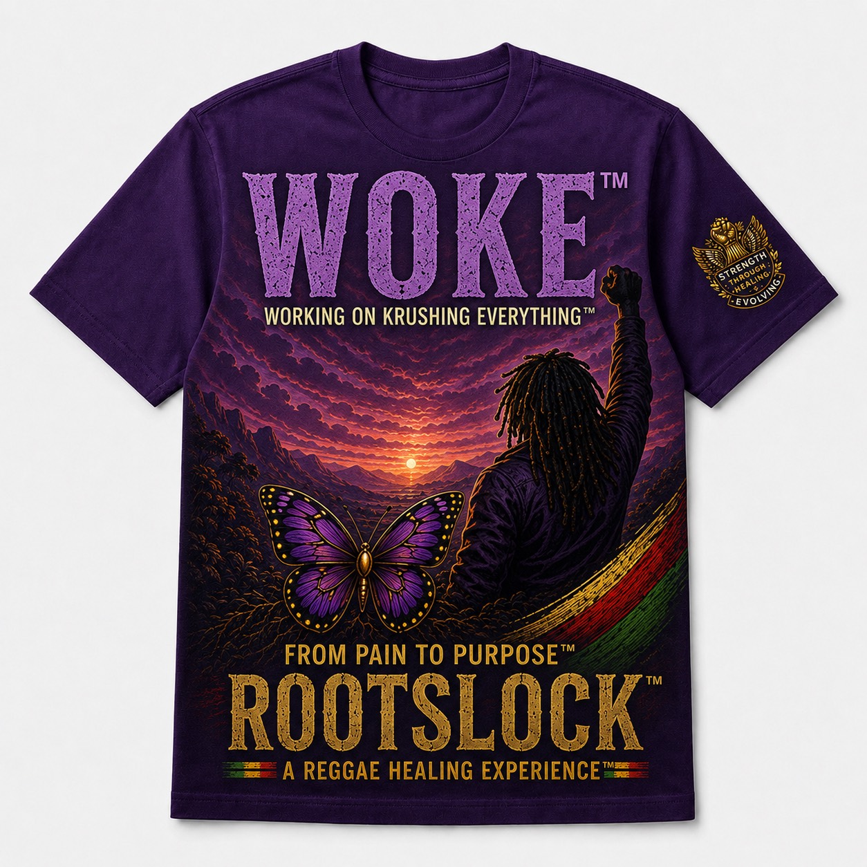 WOKE ROOTSLOCK purple T-shirt mockup