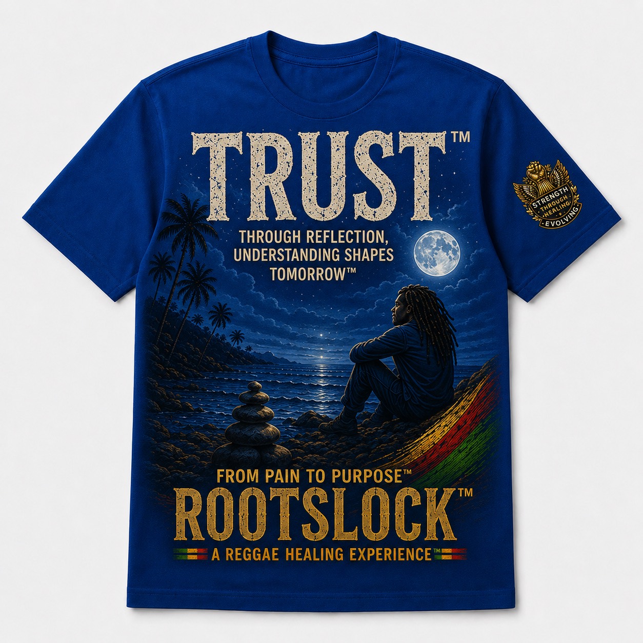 TRUST ROOTSLOCK royal blue T-shirt mockup