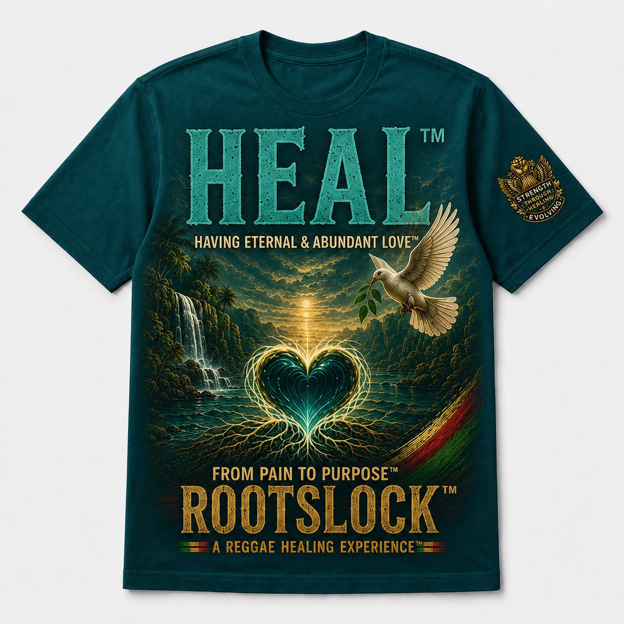 HEAL ROOTSLOCK teal T-shirt mockup
