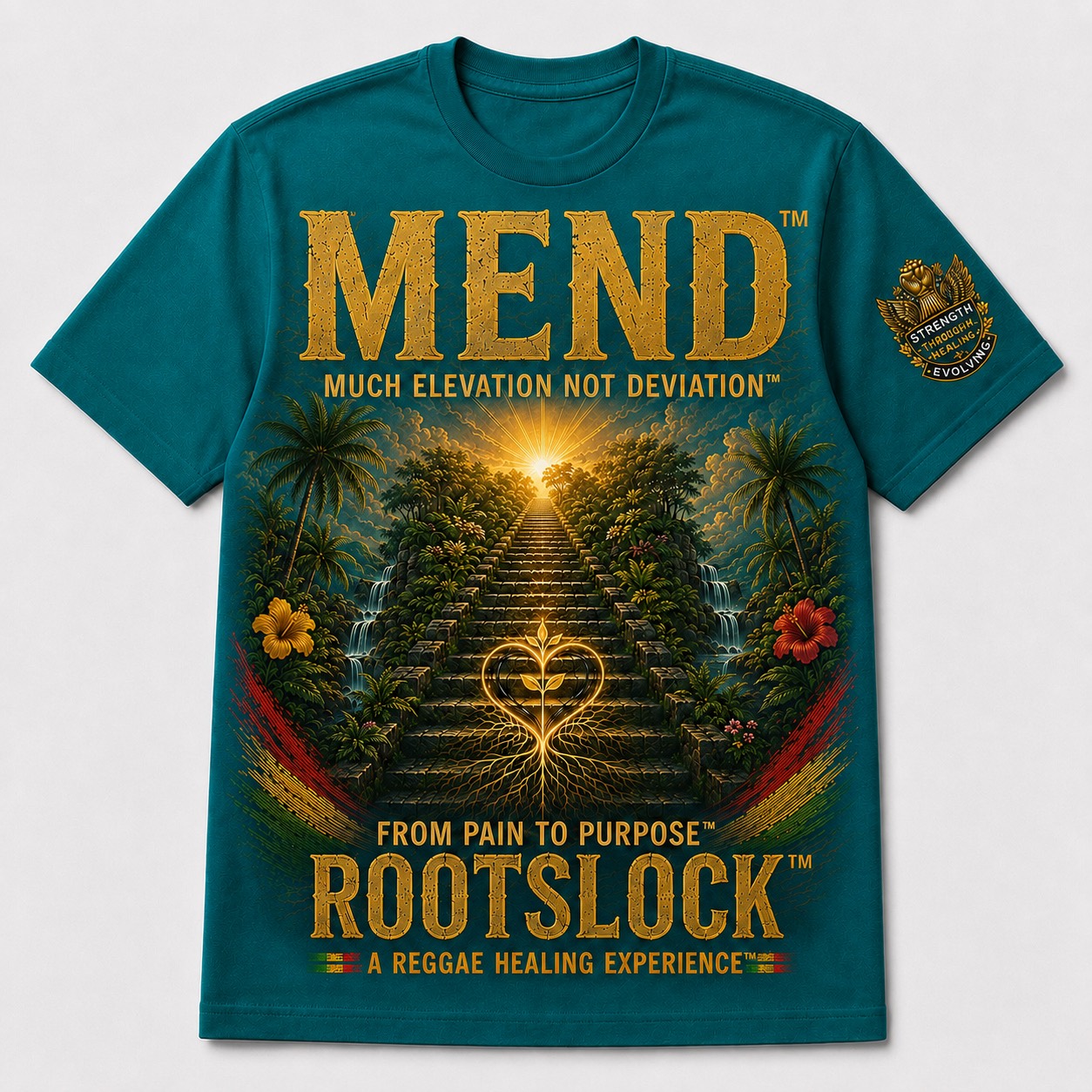 MEND ROOTSLOCK teal T-shirt mockup