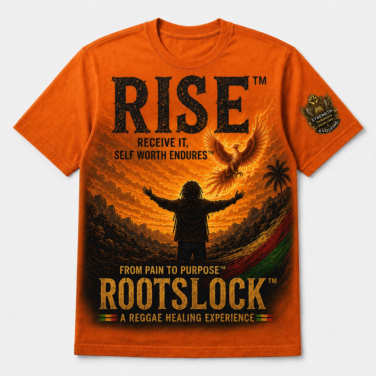 RISE ROOTSLOCK orange T-shirt mockup