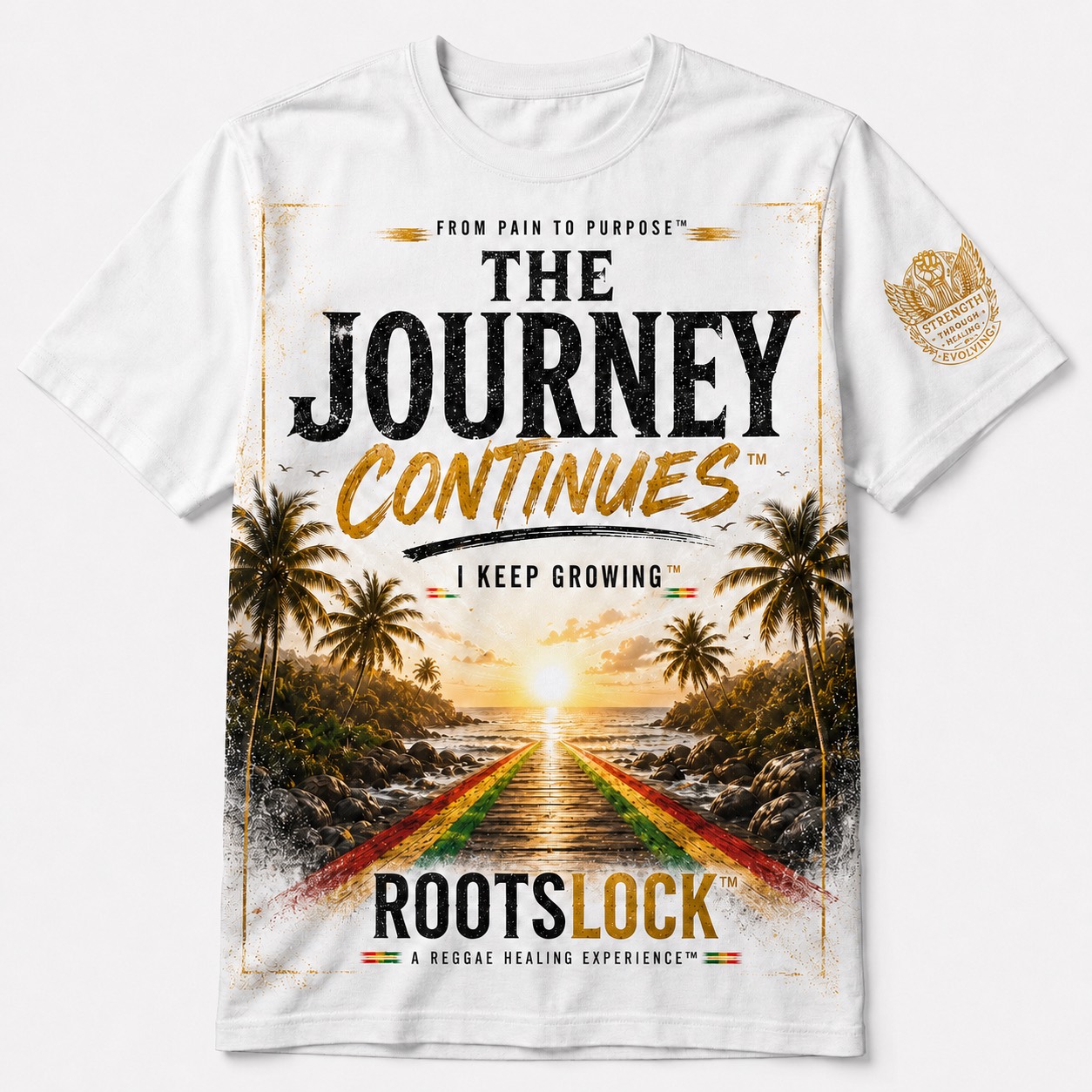 THE JOURNEY CONTINUES ROOTSLOCK white T-shirt mockup