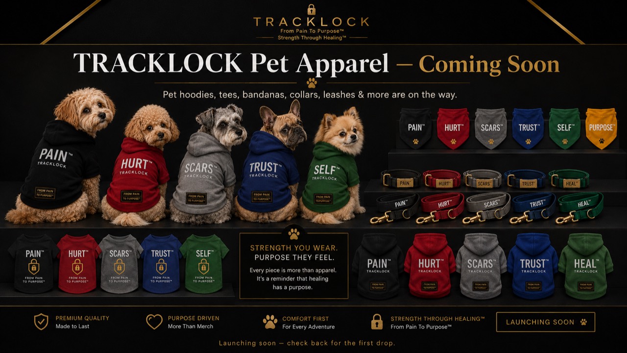 TRACKLOCK Pet Apparel Coming Soon collection featuring pet hoodies, tees, bandanas, collars, and leashes.